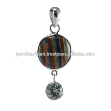 Rainbow Calsilica And Sky Blue Topaz Gemstone 925 Sterling Silver Pendant